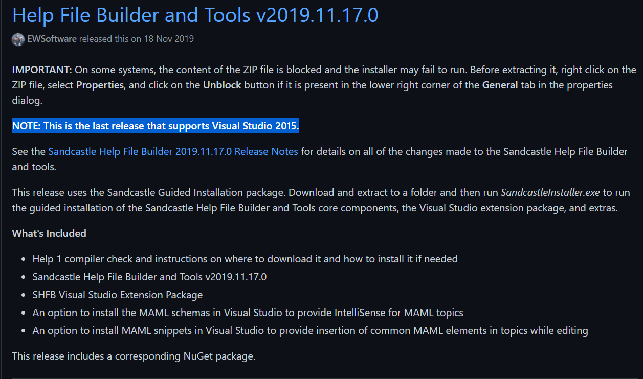 v2019.11.17.0是最后支持VS2015的版本